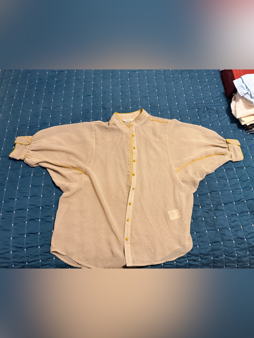 Darling Light Beige Button-Front Top with Yellow Trim